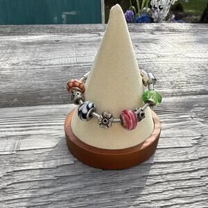 Silver Tone Snake Chain Charm Bracelet Glass 925 Bead Charms 7in Barrel Clasp